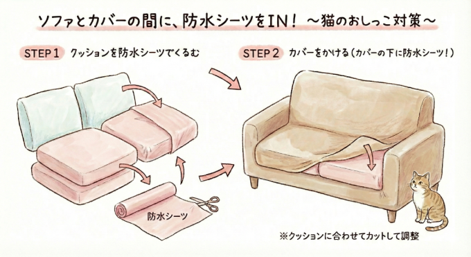 ソファとカバーの間に、防水シーツをIN!~猫のおしっこ対策~